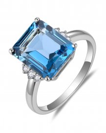 EMERALD CUT LONDON BLUE TOPAZ DIAMOND RING (TR5865)