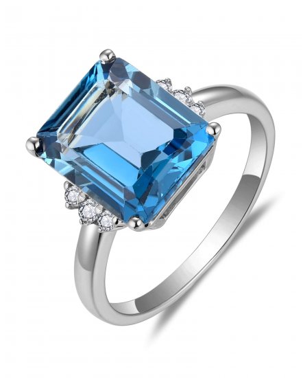 EMERALD CUT LONDON BLUE TOPAZ DIAMOND RING (TR5865)