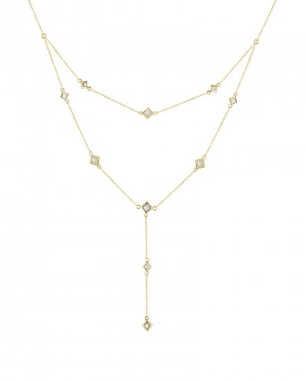 DOUBLE LAYER PRINCESS CUT DIAMOND BY THE YARD DANGLE DROP NECKLACE (TN578)