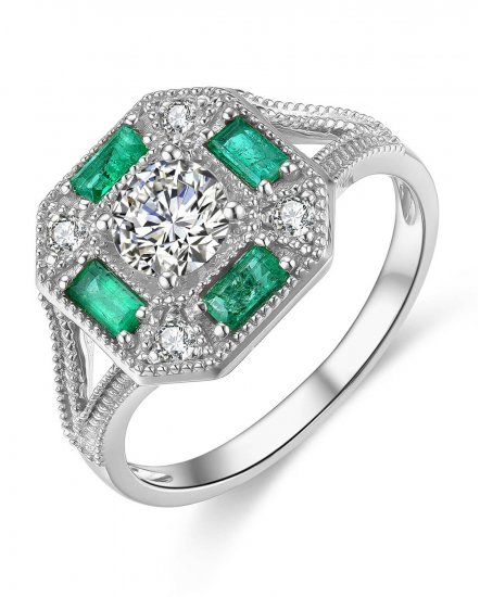 OCTAGON STYLE BAGUETTE EMERALD DIAMOND RING (TR4226)