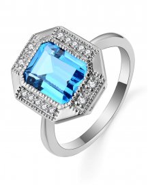 EMERALD CUT SWISS BLUE TOPAZ DIAMOND RING (TR5563)