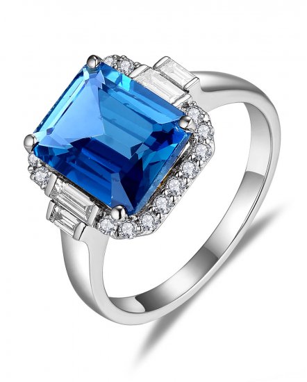 EMERALD CUT LONDON BLUE TOPAZ DIAMOND RING (TR5864)