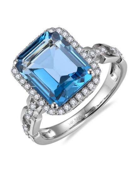 EMERALD CUT LONDON BLUE TOPAZ DIAMOND RING (TR6027)