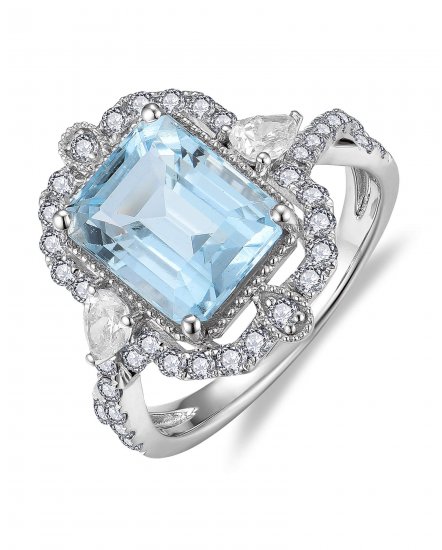 EMERALD CUT AQUAMARINE DIAMOND RING (TR6148)