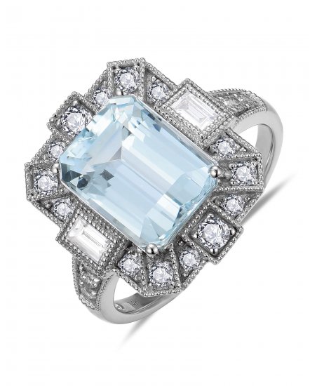 EMERALD CUT AQUAMARINE DIAMOND RING (TR6167)