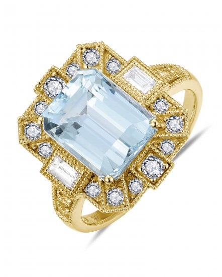 EMERALD CUT AQUAMARINE DIAMOND RING (TR6167)